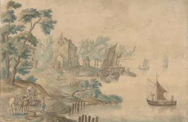 Paysage avec chevaux et charrettes et une rivière à droite, 18ème siècle
