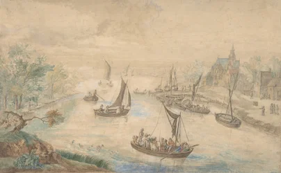 Paysage avec rivière au centre, avec bac, 18ème siècle