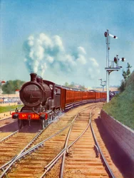 Départ de Dublin. Train des Great Southern Railways, tiré par une locomotive express 4-4-0, 1935