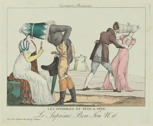 Les Invisibles en tête-à-tête avec des bonnets à la mode, vers 1805