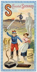 Lettre S : soleil, semis, semeur, serviteur, stupéfaction, soldat, épée, selle, serpent, statue, sabot, sac. Gravure de l