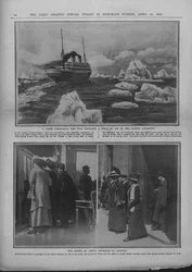Paquebot dans un champ de glace, et des gens attendant des nouvelles de la catastrophe du Titanic, 20 avril 1912