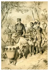 Livingstone faible de fièvre escorté à la ville de Shinte, vers 1854
