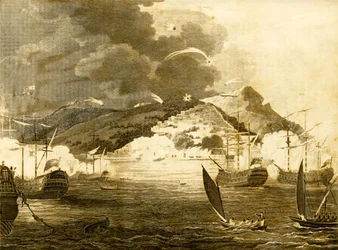 La flotte de Lord Exmouth bombardant la ville d