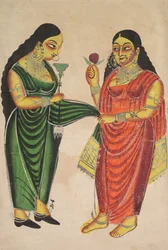Servante apportant un hookah à une dame recto, Krishna pesé contre des objets précieux verso, 180