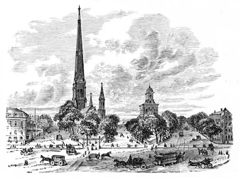 Rue principale, Buffalo, en face des églises, 1883