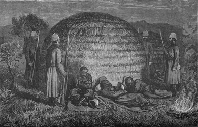Le major Marter et ses hommes gardant Cetewayo dans le kraal natif, vers 1880
