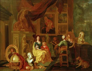 Peintre avec sa famille dans son atelier