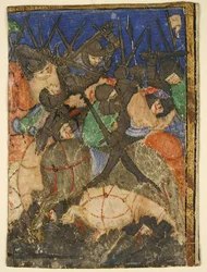 Découpe de manuscrit montrant une scène des Écritures hébraïques, ... la vie du roi David, vers 1400