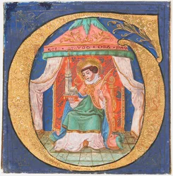 Enluminure de manuscrit avec Saint Trudo Trond dans une initiale O, d