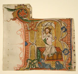 Feuille de manuscrit montrant une initiale R illuminée avec La Résurrection, fin XIIIe siècle
