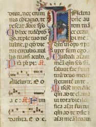Feuille de manuscrit avec le roi David dans une initiale I, d