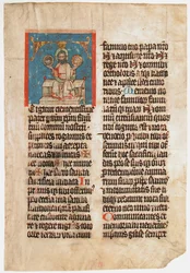 Feuille de manuscrit avec la Sainte Trinité dans une initiale T, d