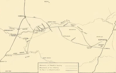 Carte illustrant les mouvements pour le secours de Kimberley et la capture de Bloemfontein