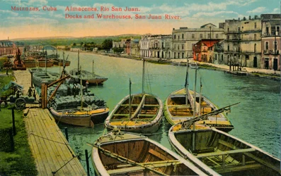 Matanzas, Cuba. Almacenes, Rio San Juan. Quais et entrepôts, rivière San Juan, vers 1910