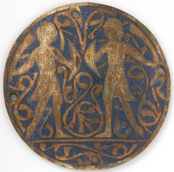 Médaillon avec deux jeunes guerriers avec fauchons et boucliers, français, vers 1240-60