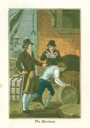 Marchand et son commis au quai vérifiant les marchandises dans un entrepôt, 1823
