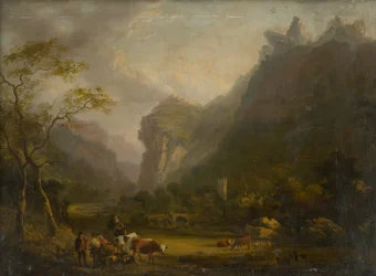 Vallée de montagne avec un groupe de figures au premier plan
