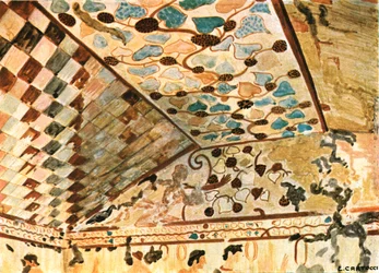Peinture murale dans la tombe avec le banquet Tomba del Triclinio, Tarquinia, Italie, 1928