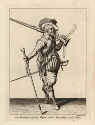 Mousquetaire avec son mousquet à mèche, ses bandoulières et son repose-mousquet