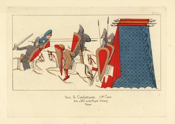 Cavalerie normande en armure de mailles avec épées, boucliers et lances en combat, avec une tente militaire à droite