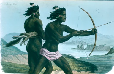 Indiens de San Francisco en Amérique du Nord chassant avec des arcs et des flèches, vers 1840