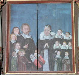 Peinture norvégienne montrant une famille avec quatorze enfants, 17ème siècle