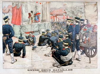 Soldats japonais en congé au théâtre dans leur camp, Guerre russo-japonaise, 1904