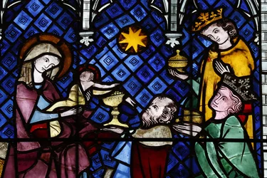 Cathédrale Notre-Dame de Strasbourg. Vitrail. La Nativité. Adoration des Mages. XIVe siècle. Strasbourg