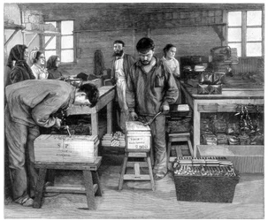 Emballage de cartouches dans des boîtes à Isleten, près de Fluelen, Suisse, 1893