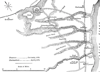 Plan des marches de Pearson janvier 1879 et de Chelmsford avril 1879 à Etschowe, vers 1880