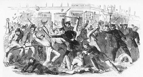 Charge de la police contre les émeutiers au bureau du Tribune, vers 1860s