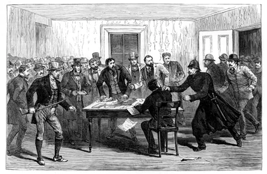 Descente de police dans les bureaux de la National Rent à Loughrea, Irlande, 1887