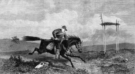 Cavalier du Pony Express traversant un pays hostile poursuivi par des Amérindiens, 1861
