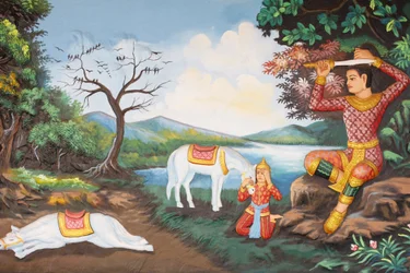 Monastère de Preah Prom Rath. Vie du Bouddha. La grande tonsure : le Bouddha se coupe les cheveux avec son épée. Puis il échangea ses vêtements de prince contre la robe d
