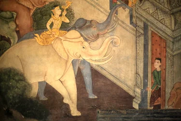 Prince Rama, détail de la fresque murale représentant le Ramakian, Wat Pho, Bangkok, Thaïlande