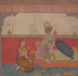 Radha parle à Krishna: Page du Breviaire des Amants de Boston Rasikapriya, vers 1610
