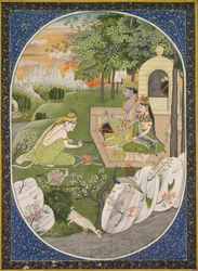 Rama, Sita et Lakshmana dans la forêt, page des Contes du Ramayana, c. 1830