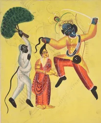 Rama et Hanuman, tenant un arbre déraciné, sauvent Sita, 1800s