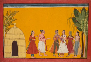 Rama et Sita emmenés chez le prêtre pour fixer la date du mariage, page du Ramayana..., vers 1700-17