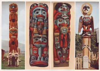 Sagas indiennes rouges racontées en bois sculpté et peint, vers 1935