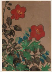Fleurs rouges et bleues et feuillage, période Edo, 1615-1868