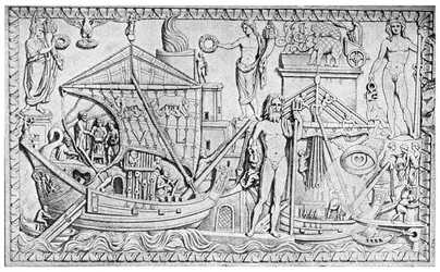 Relief montrant le phare romain à Ostie, port de Rome, Italie