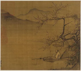 Paysage fluvial : un homme lisant dans un bateau amarré sous un arbre en fleurs, dynastie Ming, 1368-1644