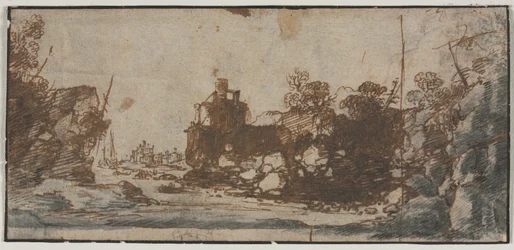 Inlet rocheux avec bateaux et bâtiments (recto), croquis de châteaux (verso)