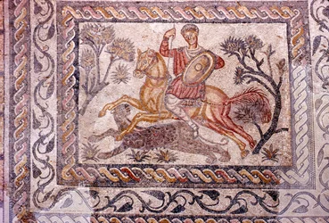 Mosaïque romaine de cavalier chassant un léopard, Mérida, Espagne, 2e-3e siècle