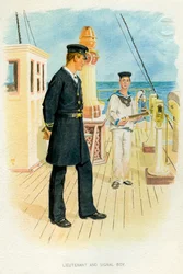 Lieutenant de la Royal Navy et garçon de signalisation, vers 1890-1893