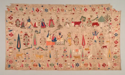 Rumal décoré de scènes de la vie de Krishna