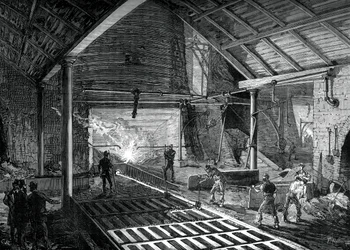 Coulée du fer en fusion dans les moules, vers 1880