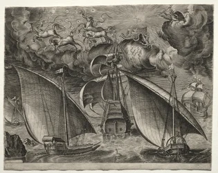 Navires à voile : Deux galères naviguant derrière un trois-mâts armé avec Phaeton..., 1561-65